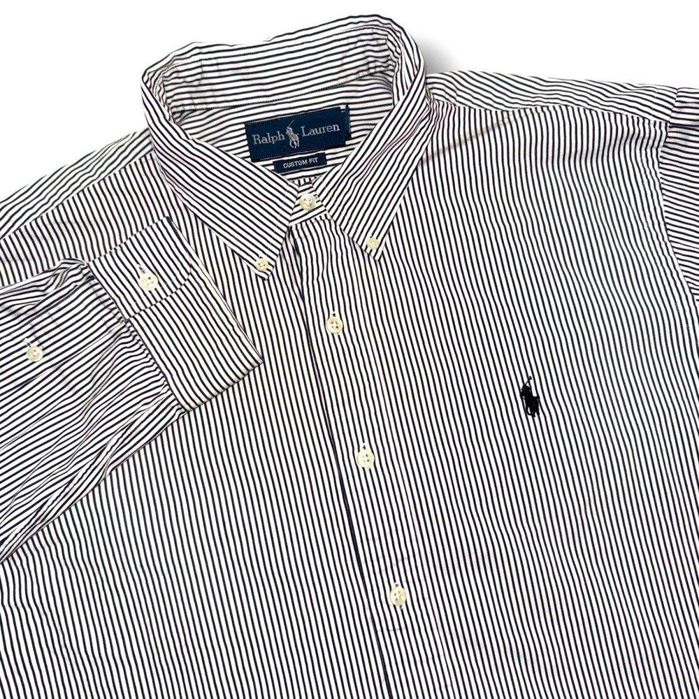 Ralph Lauren Button Down Shirt Mens XL Navy White Striped Custom Fit Long Sleeve